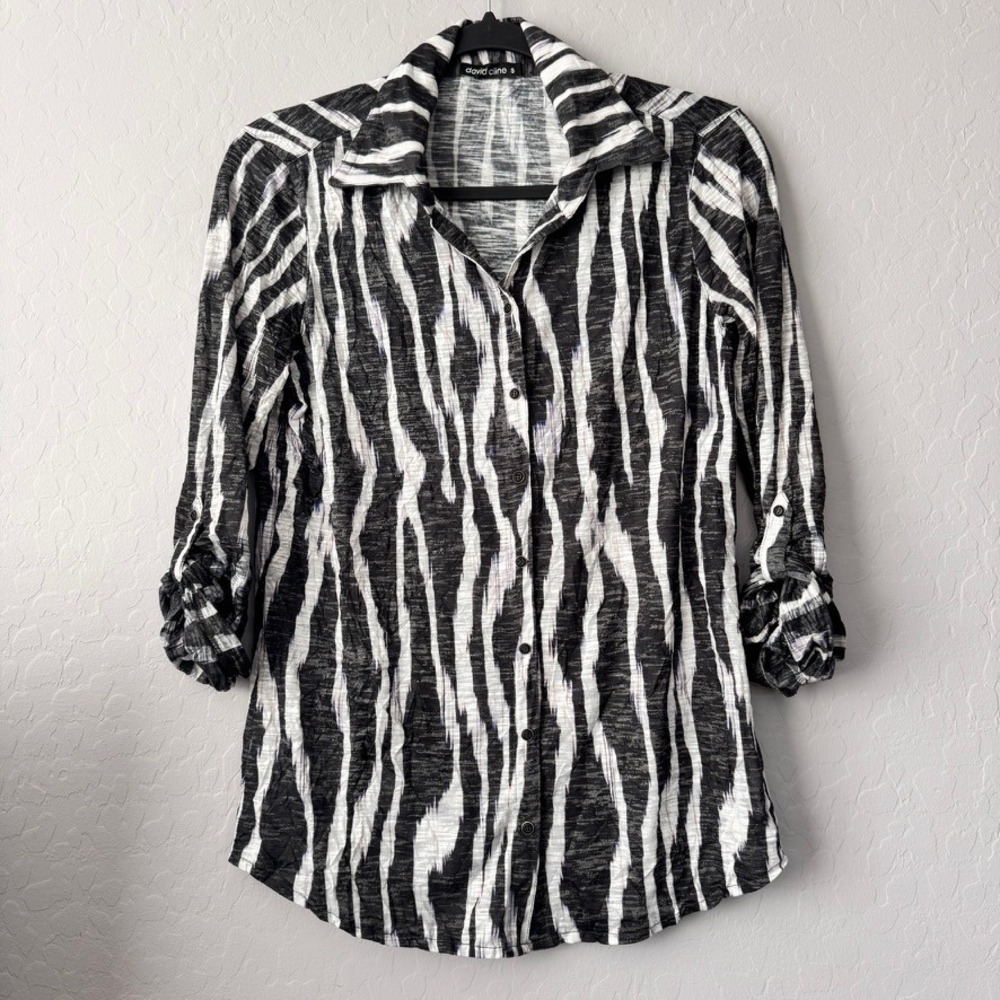 David Cline Small Button Down Shirt Black White Long Roll Tab Sleeve Zebra
